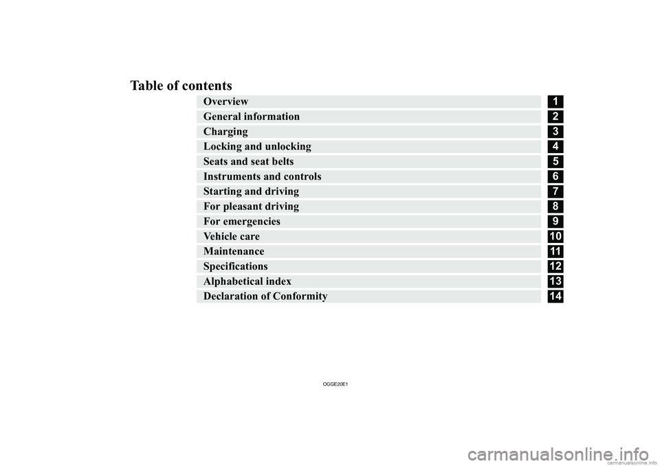 MITSUBISHI OUTLANDER PHEV 2020  Owners Manual (in English) �T�a�b�l�e� �o�f� �c�o�n�t�e�n�t�s�O�v�e�r�v�i�e�w�1�G�e�n�e�r�a�l� �i�n�f�o�r�m�a�t�i�o�n�2�C�h�a�r�g�i�n�g�3�L�o�c�k�i�n�g� �a�n�d� �u�n�l�o�c�k�i�n�g�4�S�e�a�t�s� �a�n�d� �s�e�a�t� �b�e�l�t�s�5�I�n