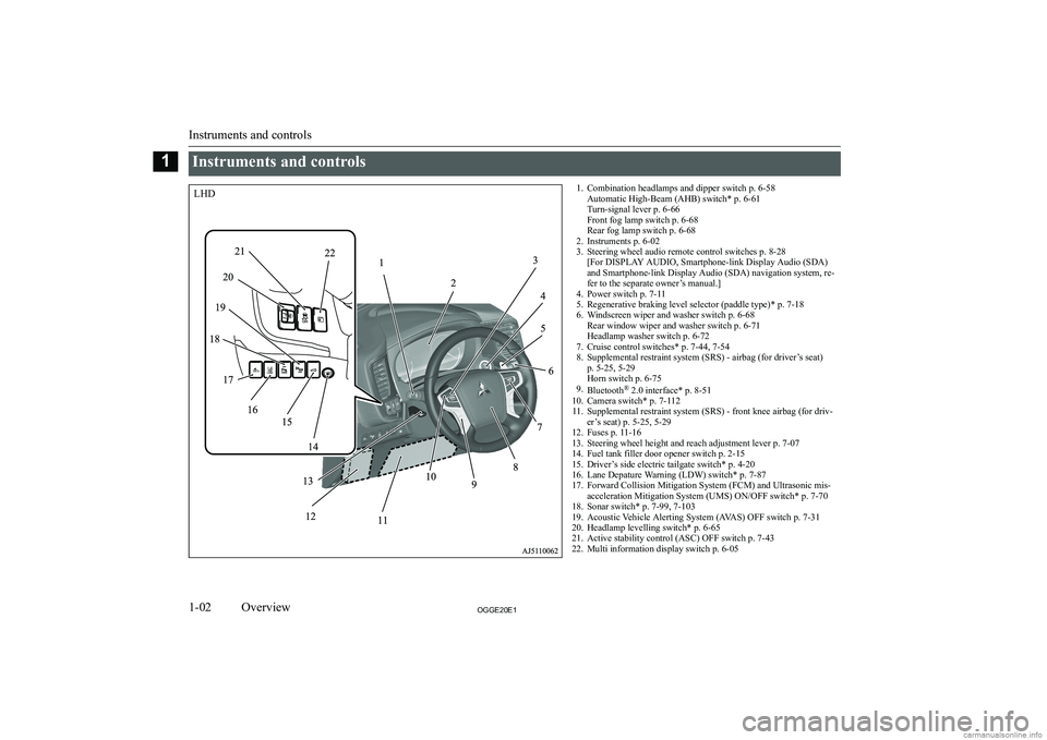 MITSUBISHI OUTLANDER PHEV 2020  Owners Manual (in English) �I�n�s�t�r�u�m�e�n�t�s� �a�n�d� �c�o�n�t�r�o�l�s�1�. �C�o�m�b�i�n�a�t�i�o�n� �h�e�a�d�l�a�m�p�s� �a�n�d� �d�i�p�p�e�r� �s�w�i�t�c�h� �p�.� �6�-�5�8�A�u�t�o�m�a�t�i�c� �H�i�g�h�-�B�e�a�m� �(�A�H�B�)� �