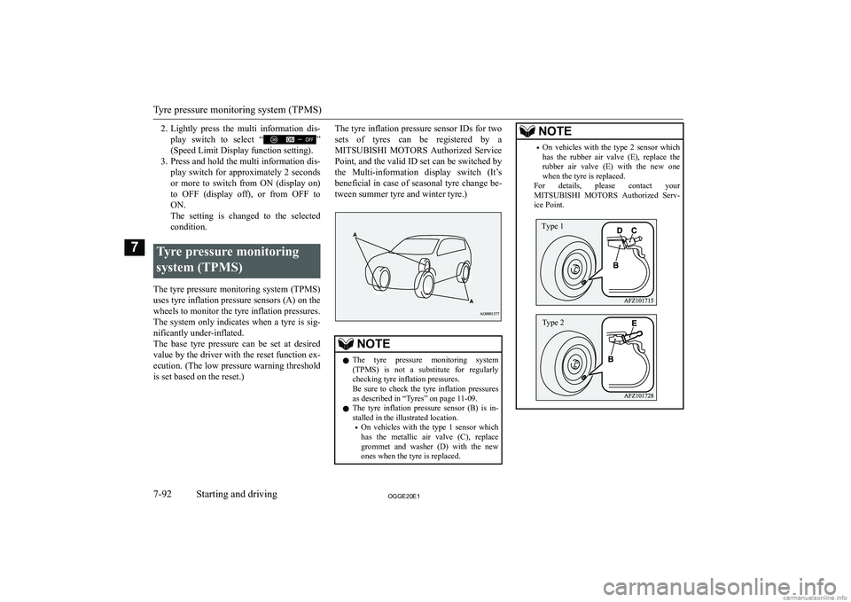 MITSUBISHI OUTLANDER PHEV 2020  Owners Manual (in English) �2�.�L�i�g�h�t�l�y�  �p�r�e�s�s�  �t�h�e�  �m�u�l�t�i�  �i�n�f�o�r�m�a�t�i�o�n�  �d�i�s�-
�p�l�a�y�  �s�w�i�t�c�h�  �t�o�  �s�e�l�e�c�t�  �“
�”
�(�S�p�e�e�d� �L�i�m�i�t� �D�i�s�p�l�a�y� �f�u�n�c�t