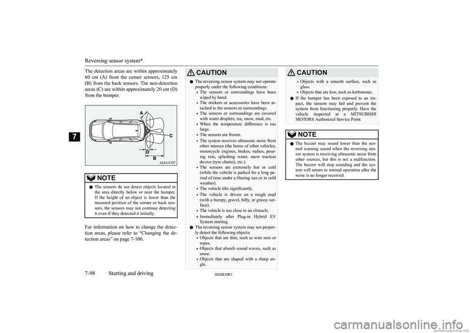 MITSUBISHI OUTLANDER PHEV 2020  Owners Manual (in English) �T�h�e�  �d�e�t�e�c�t�i�o�n�  �a�r�e�a�s�  �a�r�e�  �w�i�t�h�i�n�  �a�p�p�r�o�x�i�m�a�t�e�l�y�6�0�  �c�m�  �(�A�)�  �f�r�o�m�  �t�h�e�  �c�o�r�n�e�r�  �s�e�n�s�o�r�s�,�  �1�2�5�  �c�m
�(�B�)� �f�r�o�m