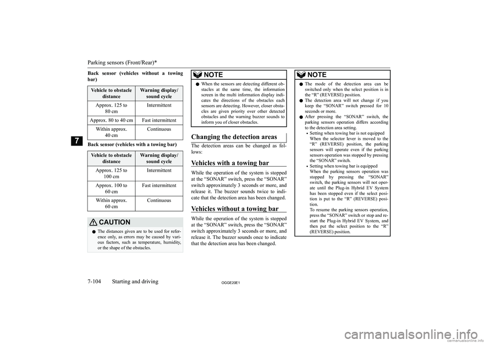 MITSUBISHI OUTLANDER PHEV 2020  Owners Manual (in English) �B�a�c�k�  �s�e�n�s�o�r�  �(�v�e�h�i�c�l�e�s�  �w�i�t�h�o�u�t�  �a�  �t�o�w�i�n�g
�b�a�r�)�V�e�h�i�c�l�e� �t�o� �o�b�s�t�a�c�l�e �d�i�s�t�a�n�c�e�W�a�r�n�i�n�g� �d�i�s�p�l�a�y�/�s�o�u�n�d� �c�y�c�l�e�