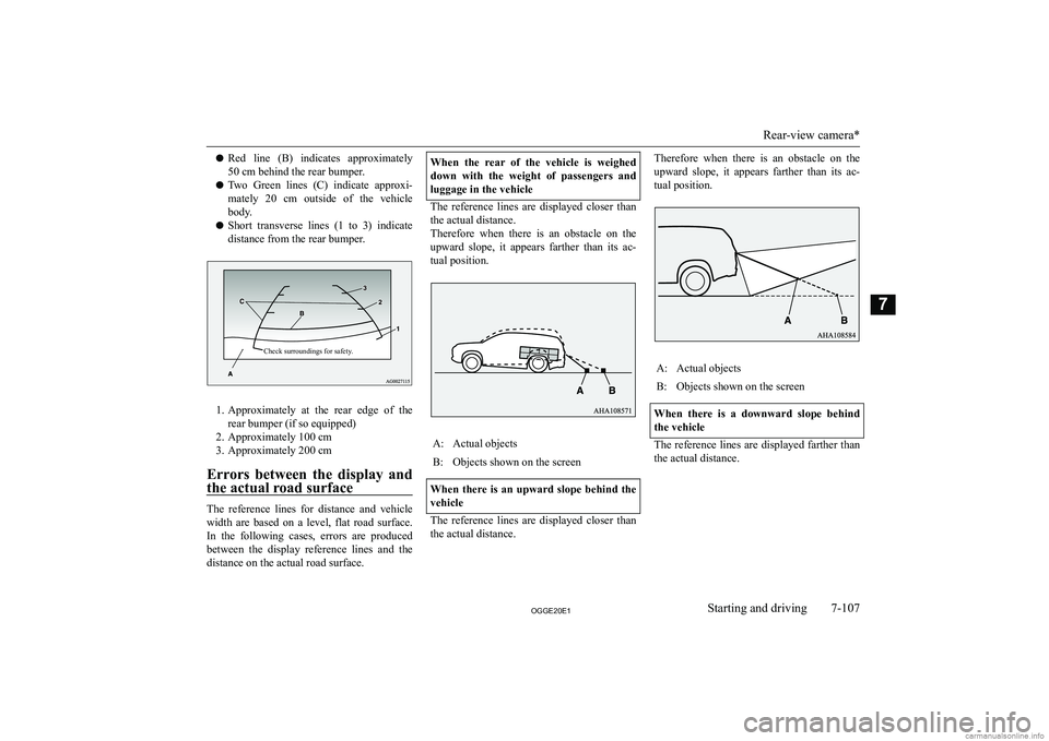 MITSUBISHI OUTLANDER PHEV 2020  Owners Manual (in English) �z�R�e�d�  �l�i�n�e�  �(�B�)�  �i�n�d�i�c�a�t�e�s�  �a�p�p�r�o�x�i�m�a�t�e�l�y
�5�0� �c�m� �b�e�h�i�n�d� �t�h�e� �r�e�a�r� �b�u�m�p�e�r�.
�z �T�w�o�  �G�r�e�e�n�  �l�i�n�e�s�  �(�C�)�  �i�n�d�i�c�a�t�