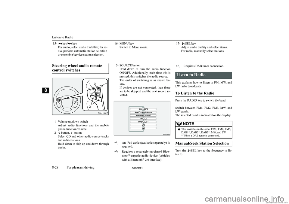 MITSUBISHI OUTLANDER PHEV 2020  Owners Manual (in English) �1�5�-� �k�e�y�/� �k�e�y
�F�o�r� �a�u�d�i�o�,� �s�e�l�e�c�t� �a�u�d�i�o� �t�r�a�c�k�/�f�i�l�e�;� �f�o�r� �r�a�-
�d�i�o�,� �p�e�r�f�o�r�m� �a�u�t�o�m�a�t�i�c� �s�t�a�t�i�o�n� �s�e�l�e�c�t�i�o�n
�o�r� �