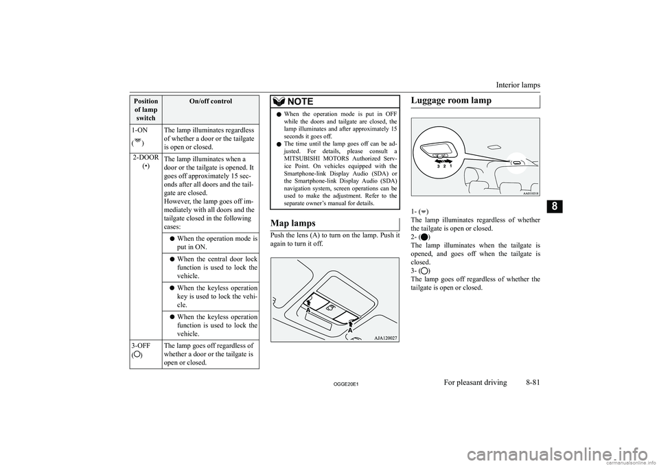MITSUBISHI OUTLANDER PHEV 2020  Owners Manual (in English) �P�o�s�i�t�i�o�n�o�f� �l�a�m�p �s�w�i�t�c�h�O�n�/�o�f�f� �c�o�n�t�r�o�l�1�-�O�N
�(
�)
�T�h�e� �l�a�m�p� �i�l�l�u�m�i�n�a�t�e�s� �r�e�g�a�r�d�l�e�s�s
�o�f� �w�h�e�t�h�e�r� �a� �d�o�o�r� �o�r� �t�h�e� �