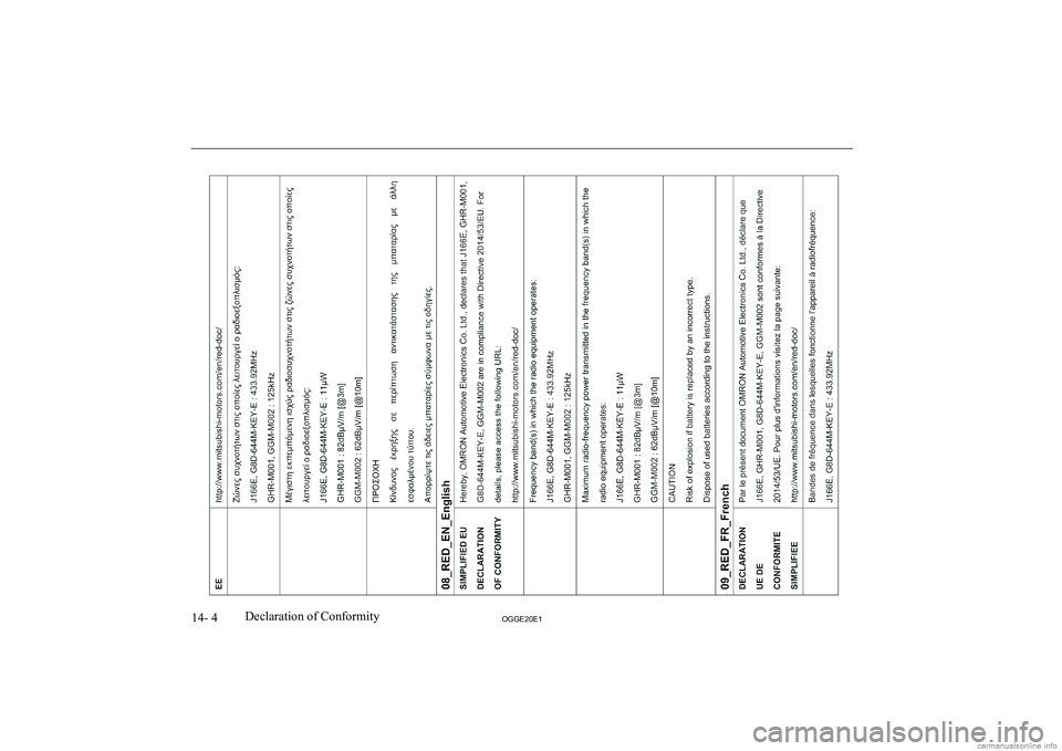 MITSUBISHI OUTLANDER PHEV 2020  Owners Manual (in English) �1�4�-� �4�2�*�*�(�2�0�(�1�D�e�c�l�a�r�a�t�i�o�n� �o�f� �C�o�n�f�o�r�m�i�t�y               