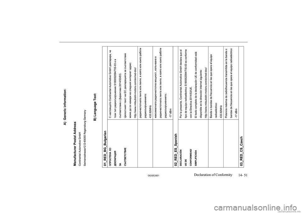 MITSUBISHI OUTLANDER PHEV 2020  Owners Manual (in English) �1�4�-� �5�1
�2�*�*�(�2�0�(�1�D�e�c�l�a�r�a�t�i�o�n� �o�f� �C�o�n�f�o�r�m�i�t�y  