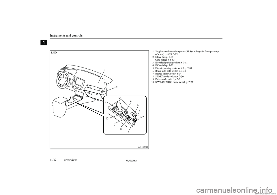 MITSUBISHI OUTLANDER PHEV 2020  Owners Manual (in English) �1�. �S�u�p�p�l�e�m�e�n�t�a�l� �r�e�s�t�r�a�i�n�t� �s�y�s�t�e�m� �(�S�R�S�)� �-� �a�i�r�b�a�g� �(�f�o�r� �f�r�o�n�t� �p�a�s�s�e�n�g�-�e�r�’�s� �s�e�a�t�)� �p�.� �5�-�2�5�,� �5�-�2�9
�2�. �G�l�o�v�e�