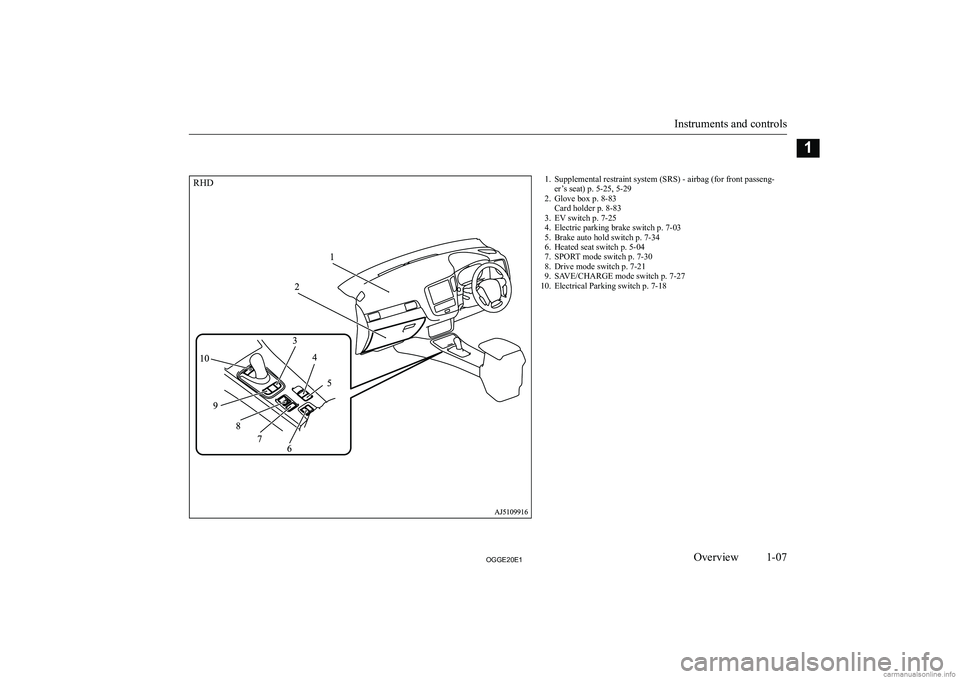MITSUBISHI OUTLANDER PHEV 2020  Owners Manual (in English) �1�. �S�u�p�p�l�e�m�e�n�t�a�l� �r�e�s�t�r�a�i�n�t� �s�y�s�t�e�m� �(�S�R�S�)� �-� �a�i�r�b�a�g� �(�f�o�r� �f�r�o�n�t� �p�a�s�s�e�n�g�-�e�r�’�s� �s�e�a�t�)� �p�.� �5�-�2�5�,� �5�-�2�9
�2�. �G�l�o�v�e�