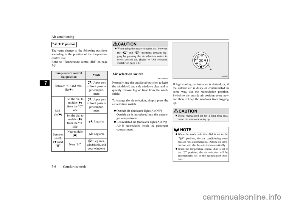 MITSUBISHI iMiEV 2015 Owners Manual (in English) Air conditioning 7-6 Comfort controls
7
The vents change to the following positions according to the position of the temperaturecontrol dial. Refer to “Temperature
control dial” on page
7-5.
N0 MITSUBISHI iMiEV 2015 Owners Manual (in English) Air conditioning 7-6 Comfort controls
7
The vents change to the following positions according to the position of the temperaturecontrol dial. Refer to “Temperature
control dial” on page
7-5.
N0