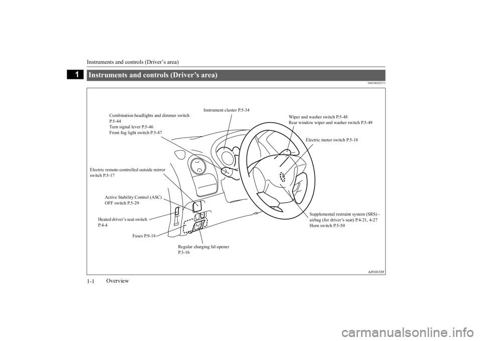 MITSUBISHI iMiEV 2015  Owners Manual (in English) Instruments and controls (Driver’s area) 1-1
1
Overview
N00100202573
Instruments and controls (Driver’s area) 
Wiper and washer switch P.5-48 Rear window wiper and washer switch P.5-49 
Instrument