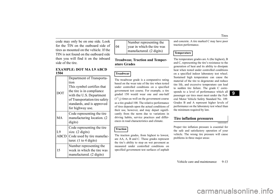 MITSUBISHI iMiEV 2015 Owners Manual (in English) Tires
Vehicle care and maintenance 9-13
9
code may only be on one side. Look for the TIN on the outboard side of tires as mounted on the vehicle. If the TIN is not found on the outboard sidethen you MITSUBISHI iMiEV 2015 Owners Manual (in English) Tires
Vehicle care and maintenance 9-13
9
code may only be on one side. Look for the TIN on the outboard side of tires as mounted on the vehicle. If the TIN is not found on the outboard sidethen you