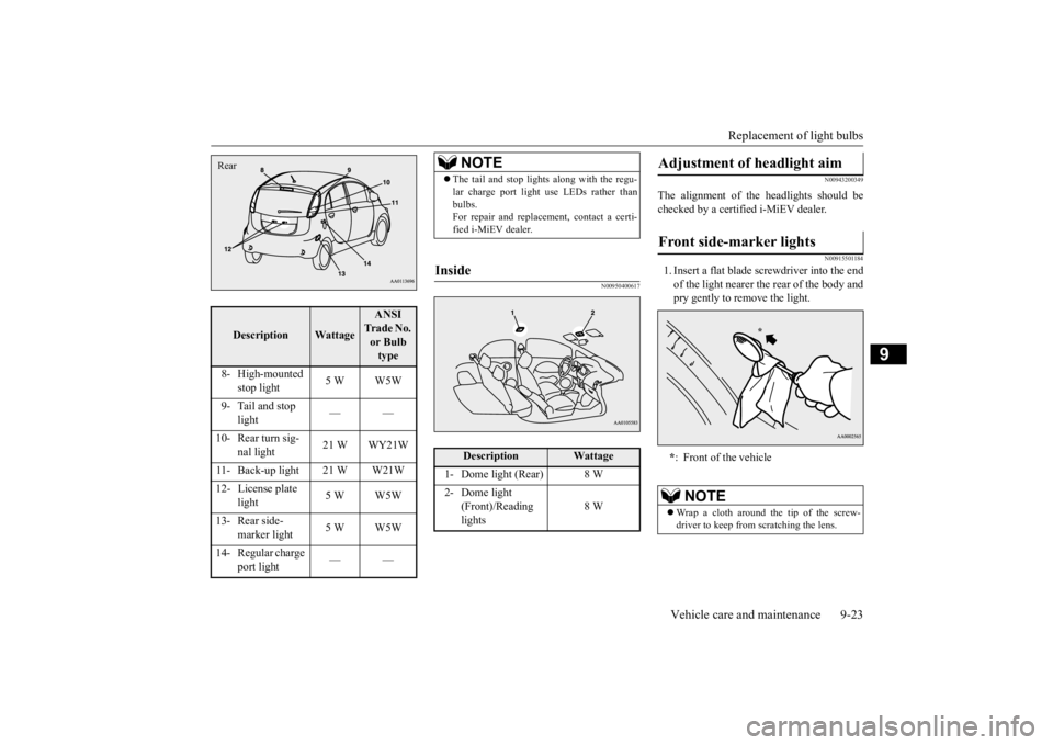 MITSUBISHI iMiEV 2015 Owners Manual (in English) Replacement of light bulbs
Vehicle care and maintenance 9-23
9
N00950400617
N00943200349
The alignment of the headlights should be checked by a certifie
d i-MiEV dealer.
N00915501184
1. Insert a fl MITSUBISHI iMiEV 2015 Owners Manual (in English) Replacement of light bulbs
Vehicle care and maintenance 9-23
9
N00950400617
N00943200349
The alignment of the headlights should be checked by a certifie
d i-MiEV dealer.
N00915501184
1. Insert a fl