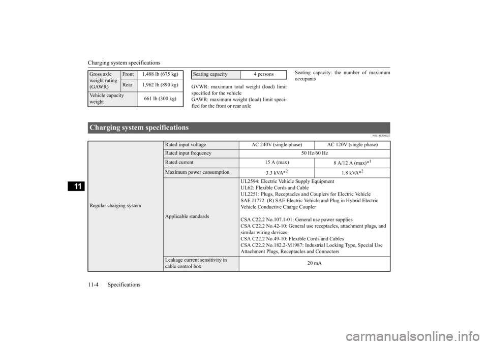MITSUBISHI iMiEV 2015 Owners Manual (in English) Charging system specifications 11-4 Specifications
11
GVWR: maximum total we
ight (load) limit
specified for the vehicle GAWR: maximum weight (load) limit speci- fied for the front or rear axle
Sea MITSUBISHI iMiEV 2015 Owners Manual (in English) Charging system specifications 11-4 Specifications
11
GVWR: maximum total we
ight (load) limit
specified for the vehicle GAWR: maximum weight (load) limit speci- fied for the front or rear axle
Sea