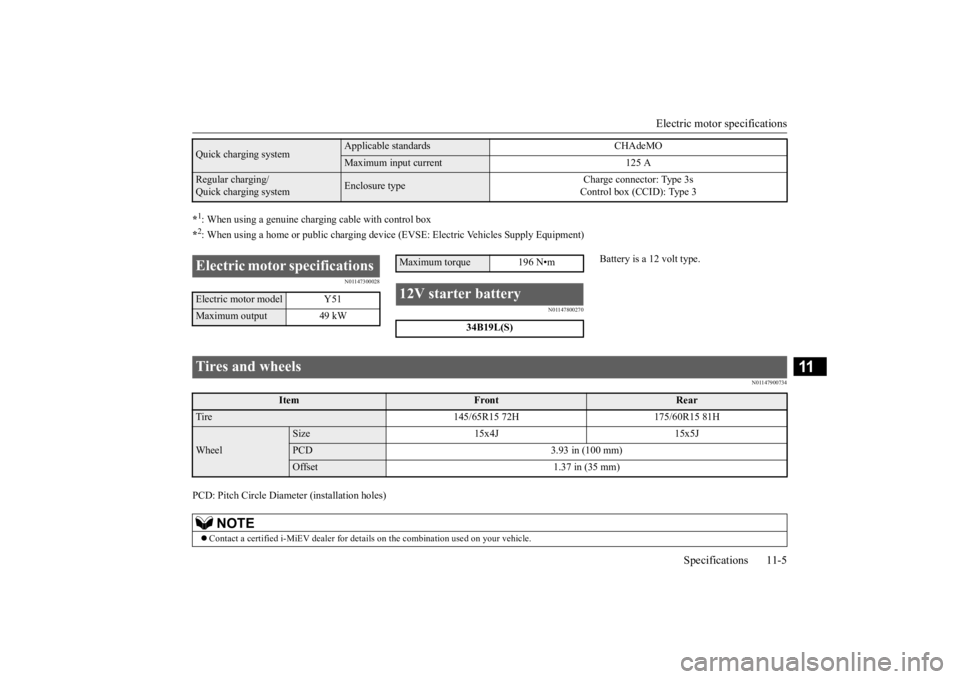 MITSUBISHI iMiEV 2015 Owners Manual (in English) Electric motor specifications
Specifications 11-5
11
*1: When using a genuine charging cable with control box *2: When using a home or public charging device
(EVSE: Electric Vehicles Supply Equipme MITSUBISHI iMiEV 2015 Owners Manual (in English) Electric motor specifications
Specifications 11-5
11
*1: When using a genuine charging cable with control box *2: When using a home or public charging device
(EVSE: Electric Vehicles Supply Equipme