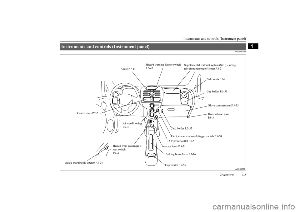 MITSUBISHI iMiEV 2015  Owners Manual (in English) Instruments and controls (Instrument panel) 
Overview 1-2
1
N00100202586
Instruments and controls (Instrument panel) 
Hazard warning flasher switch  P.5-47 
Supplemental restraint system (SRS) - airba