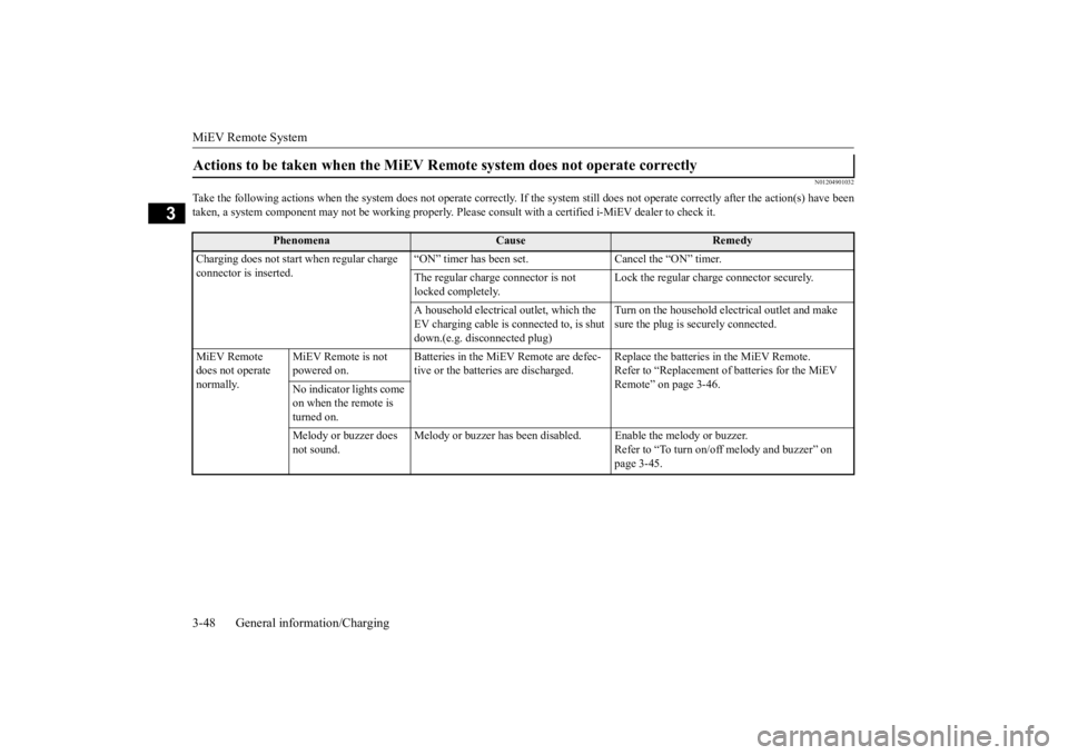 MITSUBISHI iMiEV 2015 (in English) Repair Manual MiEV Remote System 3-48 General information/Charging
3
N01204901032
Take the following actions when the system does not operate correctly. If the system still does not operate correctly after the
ac MITSUBISHI iMiEV 2015 (in English) Repair Manual MiEV Remote System 3-48 General information/Charging
3
N01204901032
Take the following actions when the system does not operate correctly. If the system still does not operate correctly after the
ac