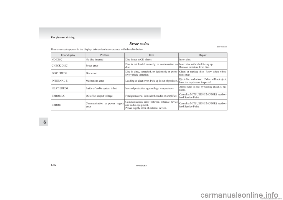 MITSUBISHI iMiEV 2013  Owners Manual (in English) Error codes
E00710101328
If an error code appears in the display, take action in accordance with the table below. Error display Problem Item Repair
NO DISC No disc inserted Disc is not in CD player. I