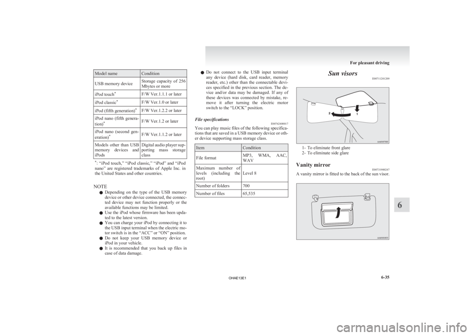 MITSUBISHI iMiEV 2013  Owners Manual (in English) Model name Condition
USB memory device Storage  capacity  of  256
Mbytes or more
iPod touch *
F/W Ver.1.1.1 or later
iPod classic *
F/W Ver.1.0 or later
iPod (fifth generation) *
F/W Ver.1.2.2 or late