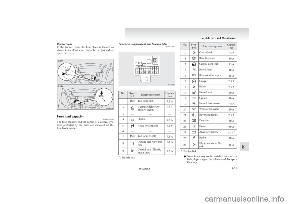 MITSUBISHI iMiEV 2013 Owners Manual (in English) Bonnet room
In
the bonnet room, the fuse block is located as
shown in the illustration. Press the tab (A) and re-
move the cover. Fuse load capacity
E08404100013
The fuse capacity MITSUBISHI iMiEV 2013 Owners Manual (in English) Bonnet room
In
the bonnet room, the fuse block is located as
shown in the illustration. Press the tab (A) and re-
move the cover. Fuse load capacity
E08404100013
The fuse capacity