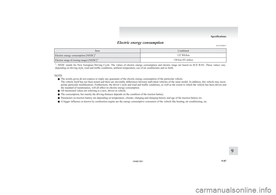 MITSUBISHI iMiEV 2013  Owners Manual (in English) Electric energy consumption
E01101800017Item Combined
Electric energy consumption [NEDC]
*
135 Wh/kmElectric range (Cruising range) [NEDC]
*
150 km (93 miles)
* :  NEDC  stands  for  New  European  Dr