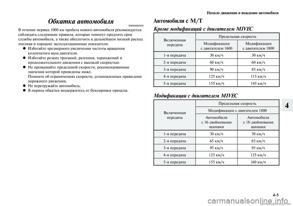 MITSUBISHI LANCER 2014 Руководство по эксплуатации и техобслуживанию (in Russian) Начало движения и вождение автомобиля
4-5
4
Обкатка автомобиляE00600402601В течение первых 1000 км пробега нового авт MITSUBISHI LANCER 2014 Руководство по эксплуатации и техобслуживанию (in Russian) Начало движения и вождение автомобиля
4-5
4
Обкатка автомобиляE00600402601В течение первых 1000 км пробега нового авт