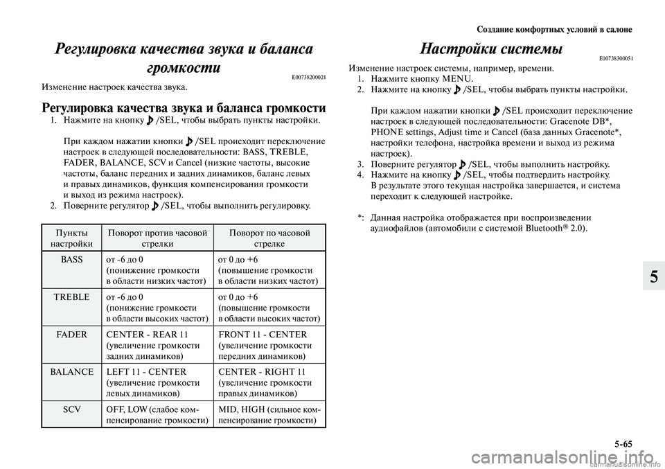 MITSUBISHI LANCER 2014  Руководство по эксплуатации и техобслуживанию (in Russian) Создание комфортных условий в салоне
5-65
5
Регулировка качества звука и баланса громкости
E00738200021Изменение на