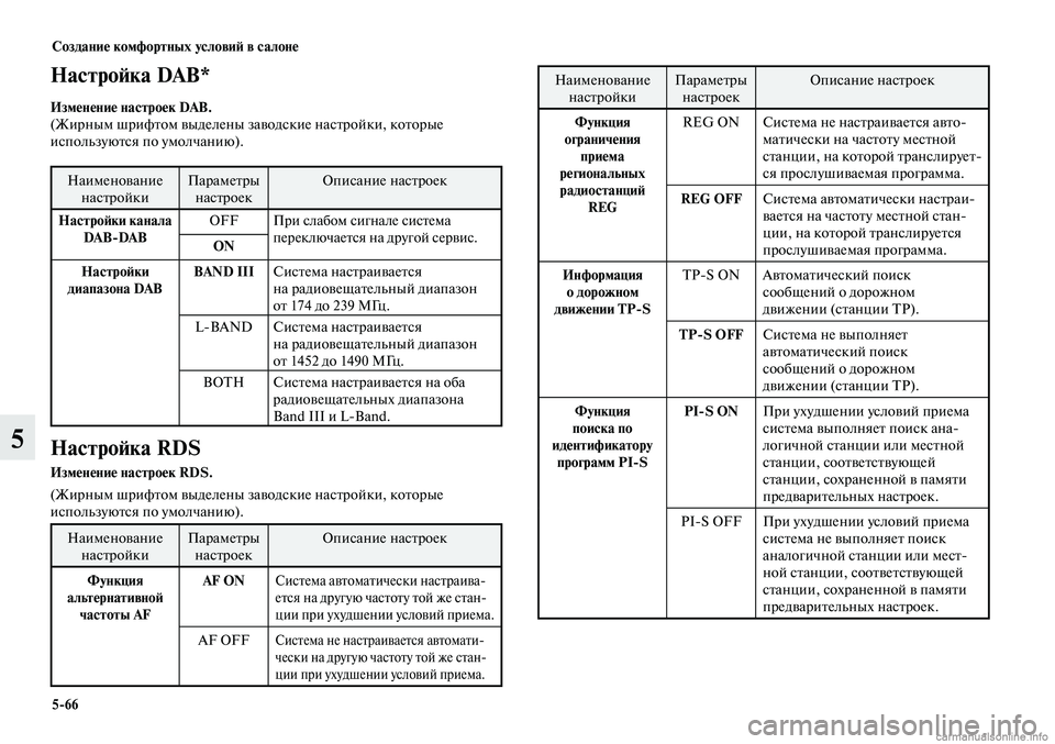 MITSUBISHI LANCER 2014  Руководство по эксплуатации и техобслуживанию (in Russian) Создание комфортных условий в салоне
5-66
5
Настройка DAB*
Изменение настроек DAB.
(Жирным шрифтом выделены заводс