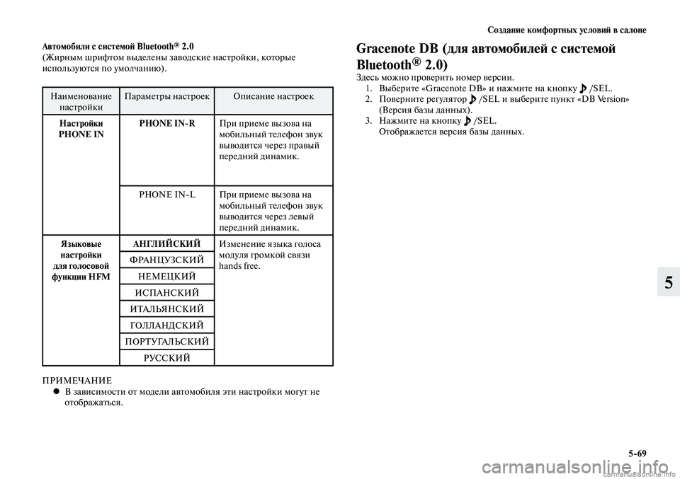 MITSUBISHI LANCER 2014  Руководство по эксплуатации и техобслуживанию (in Russian) Создание комфортных условий в салоне
5-69
5
Автомобили с системой Bluetooth® 2.0
(Жирным шрифтом выделены заводские н