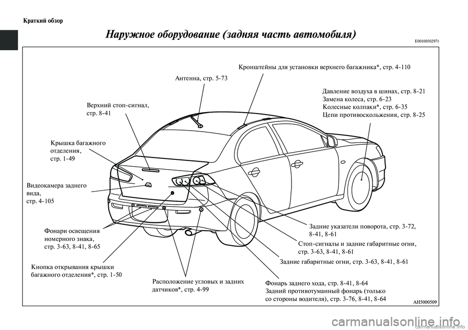 MITSUBISHI LANCER 2014 Руководство по эксплуатации и техобслуживанию (in Russian) Краткий обзор
Антенна, стр. 5-73
Наружное оборудование (задняя часть автомобиля)E00100502971
Кронштейны для установк MITSUBISHI LANCER 2014 Руководство по эксплуатации и техобслуживанию (in Russian) Краткий обзор
Антенна, стр. 5-73
Наружное оборудование (задняя часть автомобиля)E00100502971
Кронштейны для установк