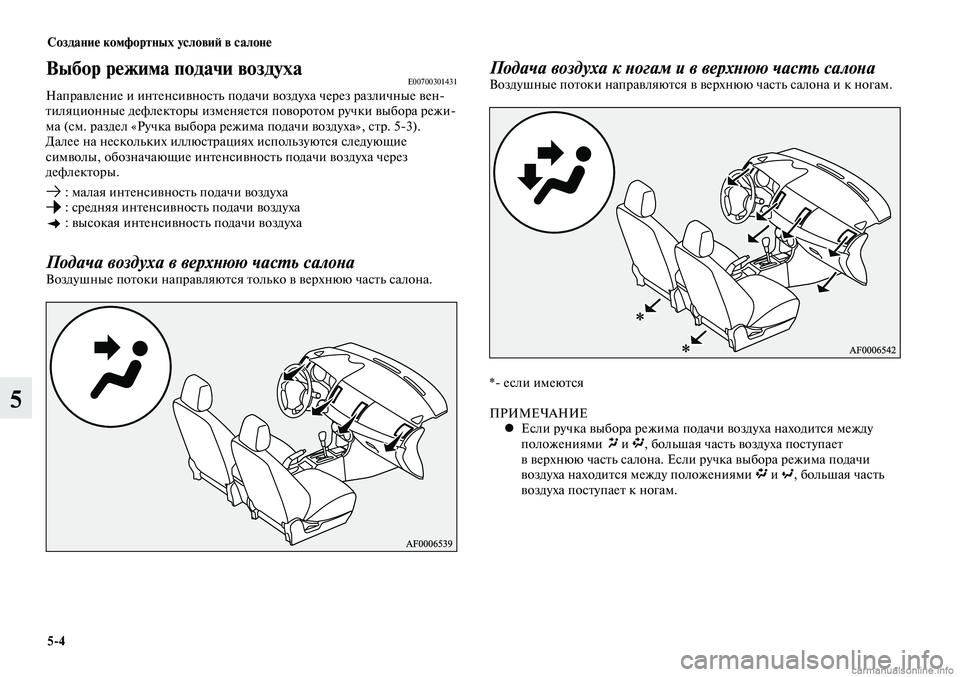 MITSUBISHI LANCER 2015  Руководство по эксплуатации и техобслуживанию (in Russian) Создание комфортных условий в салоне
5-4
5
Выбор режима подачи воздухаE00700301431Направление и интенсивность пода