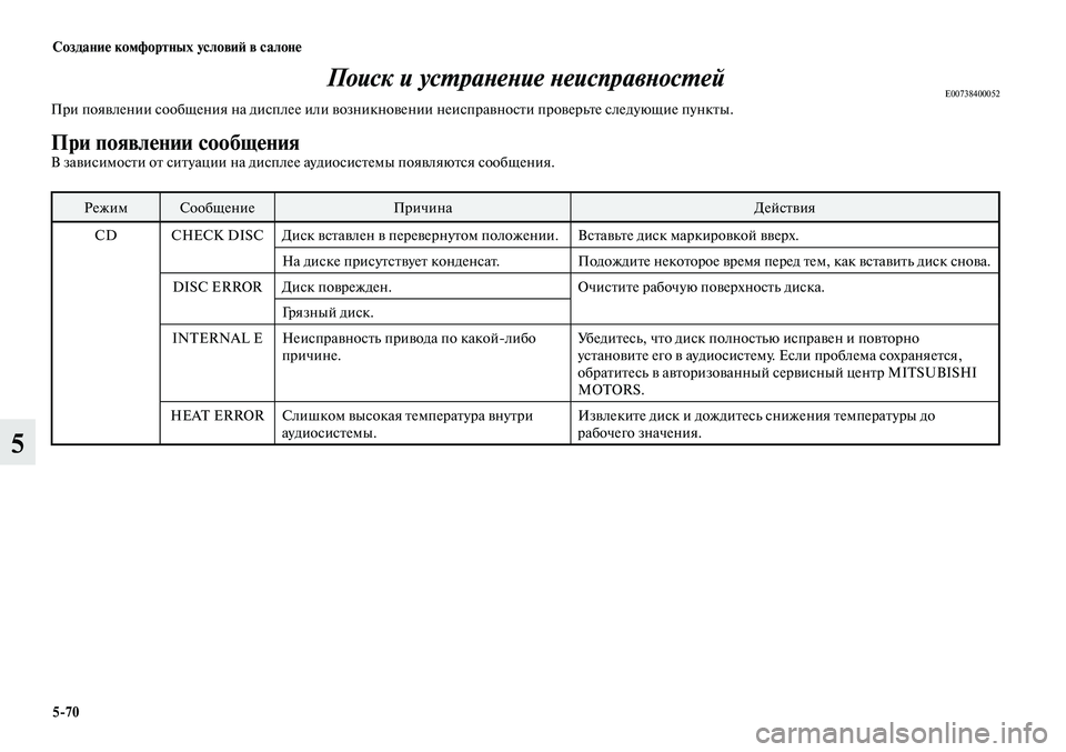 MITSUBISHI LANCER 2015 Руководство по эксплуатации и техобслуживанию (in Russian) Создание комфортных условий в салоне
5-70
5
Поиск и устранение неисправностейE00738400052При появлении сообщения на MITSUBISHI LANCER 2015 Руководство по эксплуатации и техобслуживанию (in Russian) Создание комфортных условий в салоне
5-70
5
Поиск и устранение неисправностейE00738400052При появлении сообщения на