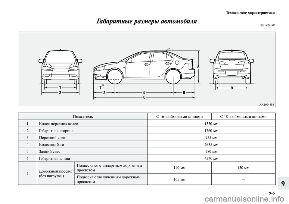 MITSUBISHI LANCER 2015  Руководство по эксплуатации и техобслуживанию (in Russian) Технические характеристики
9-5
9
Габаритные размеры автомобиляE01100202337
ПоказательC 16-дюймовыми шинамиC 18-дюймов