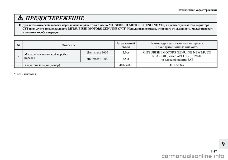 MITSUBISHI LANCER 2015  Руководство по эксплуатации и техобслуживанию (in Russian) Технические характеристики
9-17
9
№Описание Заправочный 
объем Рекомендуемые смазочные материалы 
и эксплуат
