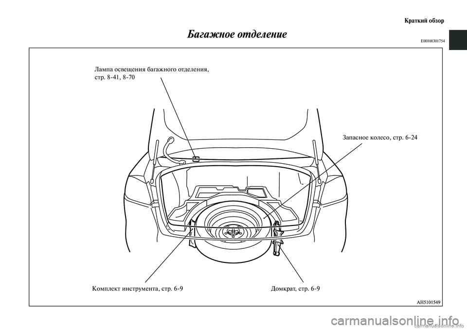 MITSUBISHI LANCER 2015  Руководство по эксплуатации и техобслуживанию (in Russian) Краткий обзор
Багажное отделениеE00100301754
Лампа освещения багажного отделения, 
стр. 8-41, 8-70
Запасное колесо, стр