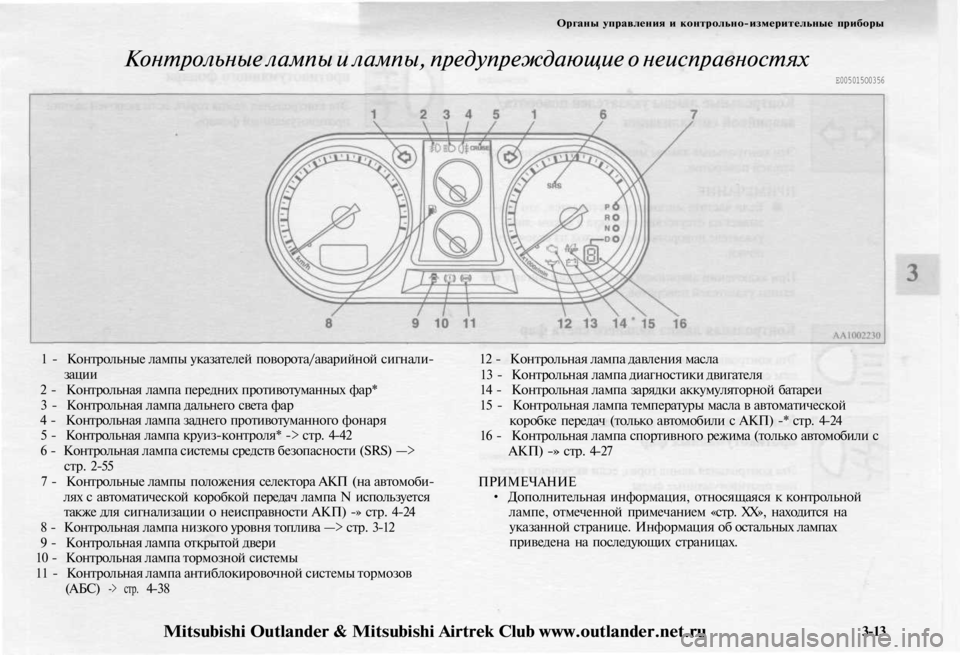MITSUBISHI OUTLANDER 2003  Руководство по эксплуатации и техобслуживанию (in Russian) 
Органы управления и контрольно-измерительные приборы

Контрольные лампы и лампы, предупреждающие о неиспра