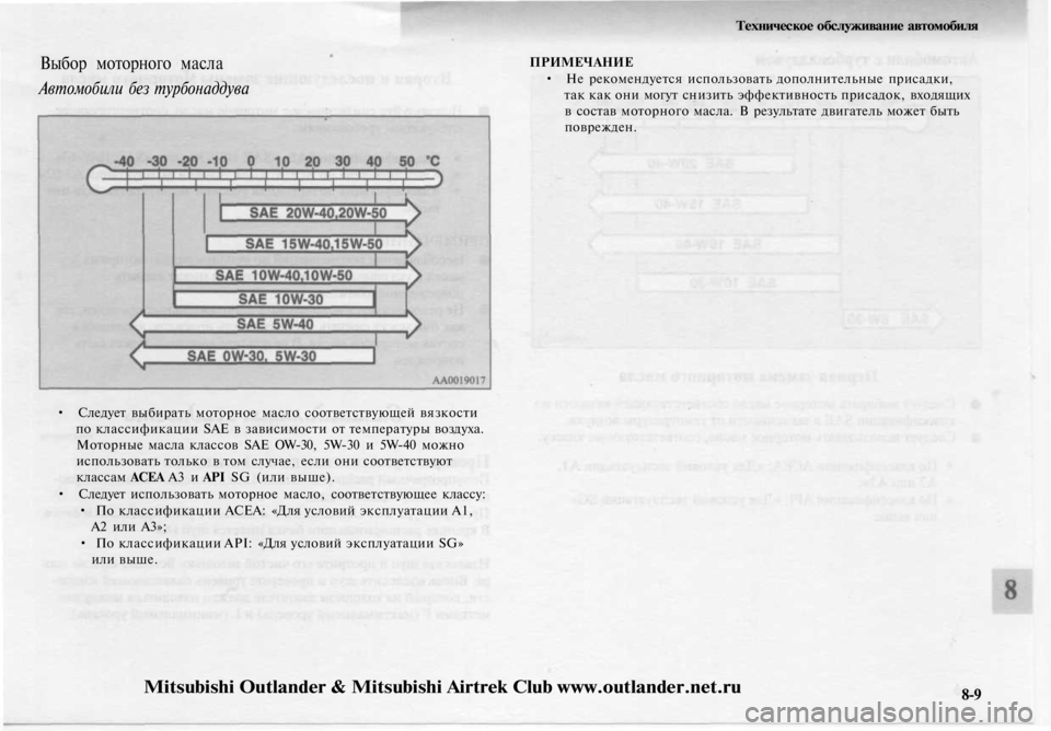 MITSUBISHI OUTLANDER 2003 Руководство по эксплуатации и техобслуживанию (in Russian)
Выбор моторного масла
Автомобили без турбонаддува
• Следует выбирать моторное масло соответствующей вязк MITSUBISHI OUTLANDER 2003 Руководство по эксплуатации и техобслуживанию (in Russian)
Выбор моторного масла
Автомобили без турбонаддува
• Следует выбирать моторное масло соответствующей вязк