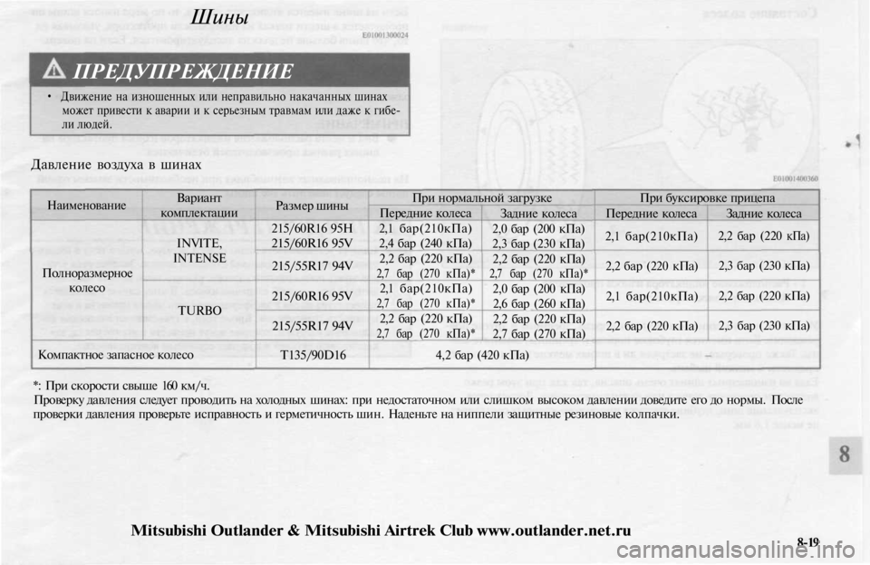 MITSUBISHI OUTLANDER 2003 Руководство по эксплуатации и техобслуживанию (in Russian)
Шины
ПРЕДУПРЕЖДЕНИЕ
• Движение на изношенных или неправильно накачанных шинах
может привести к аварии и к MITSUBISHI OUTLANDER 2003 Руководство по эксплуатации и техобслуживанию (in Russian)
Шины
ПРЕДУПРЕЖДЕНИЕ
• Движение на изношенных или неправильно накачанных шинах
может привести к аварии и к