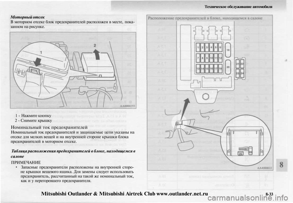 MITSUBISHI OUTLANDER 2003 Руководство по эксплуатации и техобслуживанию (in Russian)
Техническое обслуживание автомобиля
Моторный отсек
В моторном отсеке блок предохранителей расположен в м MITSUBISHI OUTLANDER 2003 Руководство по эксплуатации и техобслуживанию (in Russian)
Техническое обслуживание автомобиля
Моторный отсек
В моторном отсеке блок предохранителей расположен в м