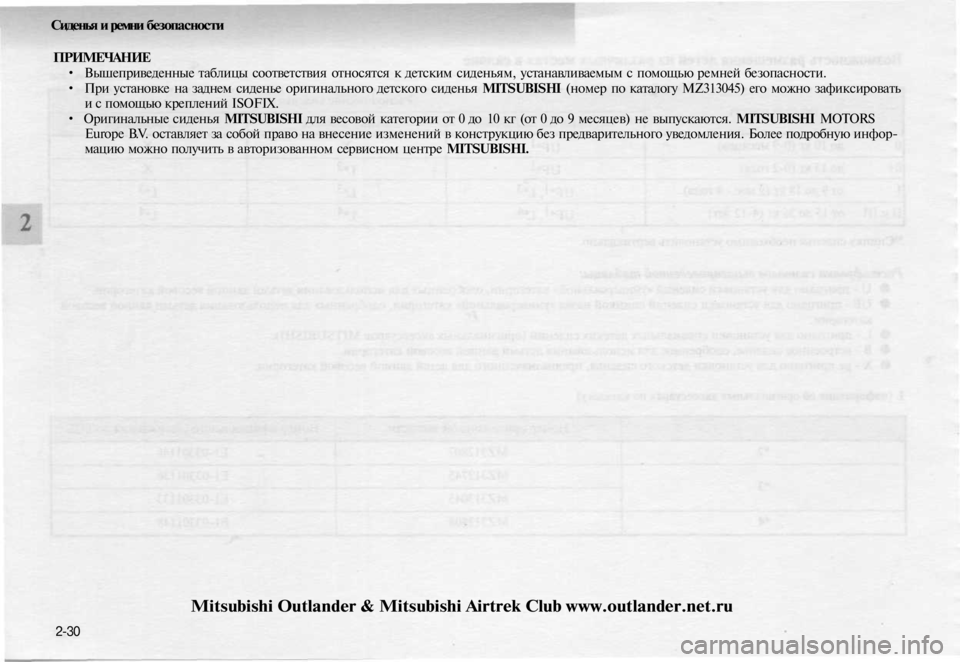 MITSUBISHI OUTLANDER 2003 Руководство по эксплуатации и техобслуживанию (in Russian)
Сиденья и ремни безопасности
ПРИМЕЧАНИЕ
• Вышеприведенные таблицы соответствия относятся к детским сиден MITSUBISHI OUTLANDER 2003 Руководство по эксплуатации и техобслуживанию (in Russian)
Сиденья и ремни безопасности
ПРИМЕЧАНИЕ
• Вышеприведенные таблицы соответствия относятся к детским сиден