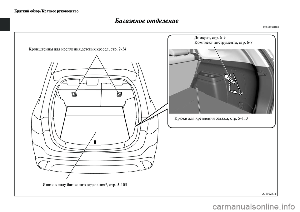 MITSUBISHI OUTLANDER 2016  Руководство по эксплуатации и техобслуживанию (in Russian) КраткиH: обзор/КраткоHK руководство
БагажХbое оХUделеХbие
E08500301103
ДомкраKb, сKbр. 69
КомплекKb инсKbруменKbа, сKbрKо. 68
