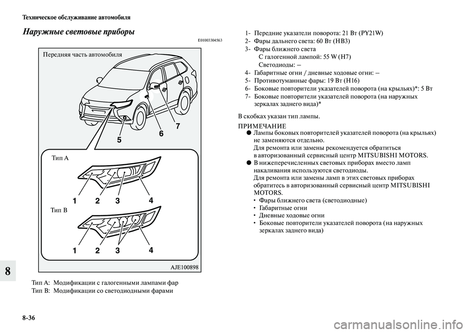 MITSUBISHI OUTLANDER 2016  Руководство по эксплуатации и техобслуживанию (in Russian) 836 ТHKхничHKскоHK обслуживаниHK автомобиля
8
НаружХbые свеХUовые приборыE01003304563
В скобках указан Kbип лампы.
ПРИМЕ