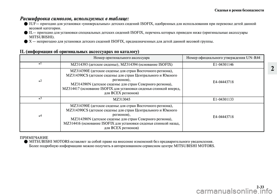 MITSUBISHI OUTLANDER 2017  Руководство по эксплуатации и техобслуживанию (in Russian) СидHЮнья и рHЮмни бHЮзопасности233
2
Расшифровка символов, используемых в ХФаблице:IUF— пригодно для усЕbаноЕЫ