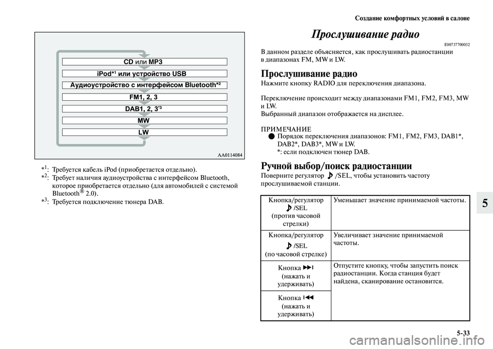 MITSUBISHI OUTLANDER 2017  Руководство по эксплуатации и техобслуживанию (in Russian) СозданиHЮ комфортных условиHФ в салонHЮ533
5
ПрослушиваХbие радио
E00737700032В данном разделе объясняеЕbся, 
как про