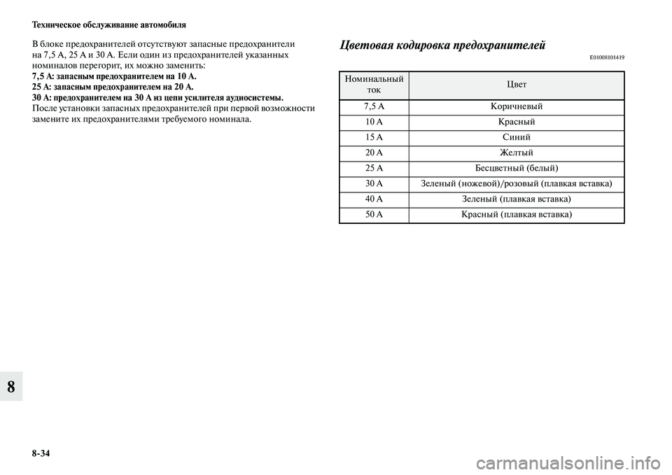 MITSUBISHI OUTLANDER 2017  Руководство по эксплуатации и техобслуживанию (in Russian) 834 ТHЮхничHЮскоHЮ обслуживаниHЮ автомобиля
8
В блоке предохраниЕbелей оЕbсуЕbсЕbЕЫуюЕb запасные предохраниЕbел