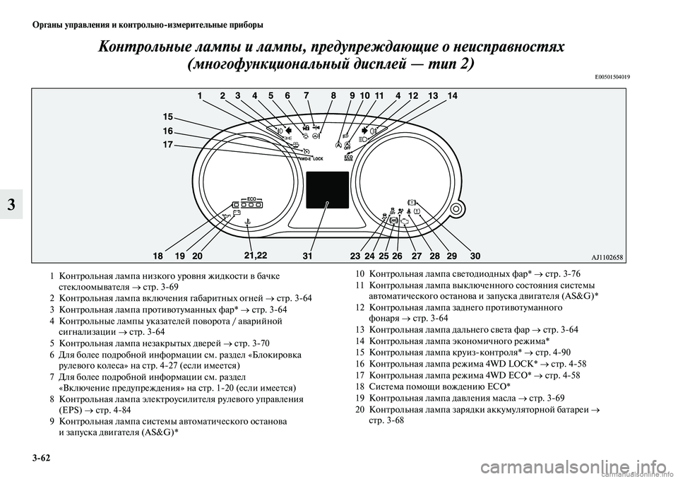 MITSUBISHI OUTLANDER 2019  Руководство по эксплуатации и техобслуживанию (in Russian) 362 Органы управления и контрольноизмерительные приборы
3Контрольные лампы и лампы, предупреждающие о неисп
