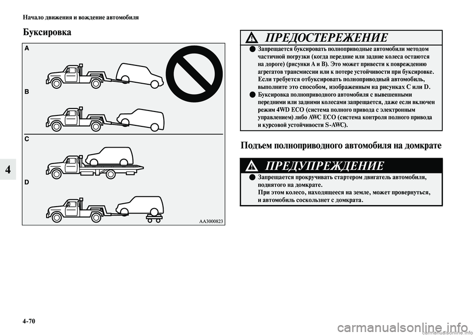 MITSUBISHI OUTLANDER 2019  Руководство по эксплуатации и техобслуживанию (in Russian) 470 Начало движения и вождение автомобиля
4
Буксировка
Подъем полноприводного автомобиля на домкрате
ПРЕДОСТ