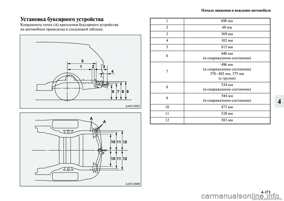 MITSUBISHI OUTLANDER 2019  Руководство по эксплуатации и техобслуживанию (in Russian) Начало движения и вождение автомобиля
4171
4
Установка буксирного устройства
Координаты точек (А) крепления бу