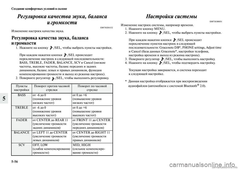 MITSUBISHI OUTLANDER 2019  Руководство по эксплуатации и техобслуживанию (in Russian) 556 Создание комфортных условий в салоне
5Регулировка качества звука, баланса 
игромкости
E00738201132Изменение на