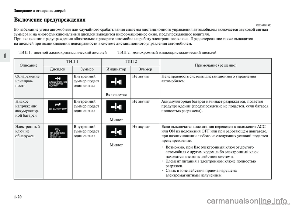MITSUBISHI OUTLANDER 2019  Руководство по эксплуатации и техобслуживанию (in Russian) 120 Запирание и отпирание дверей
1
Включение предупрежденияE00305902435Во избежание угона автомобиля или случайно