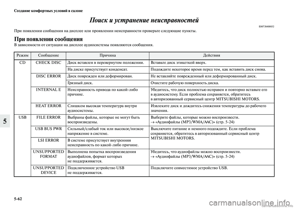 MITSUBISHI OUTLANDER 2019  Руководство по эксплуатации и техобслуживанию (in Russian) 562 Создание комфортных условий в салоне
5Поиск и устранение неисправностей
E00738400052При появлении сообщения на
